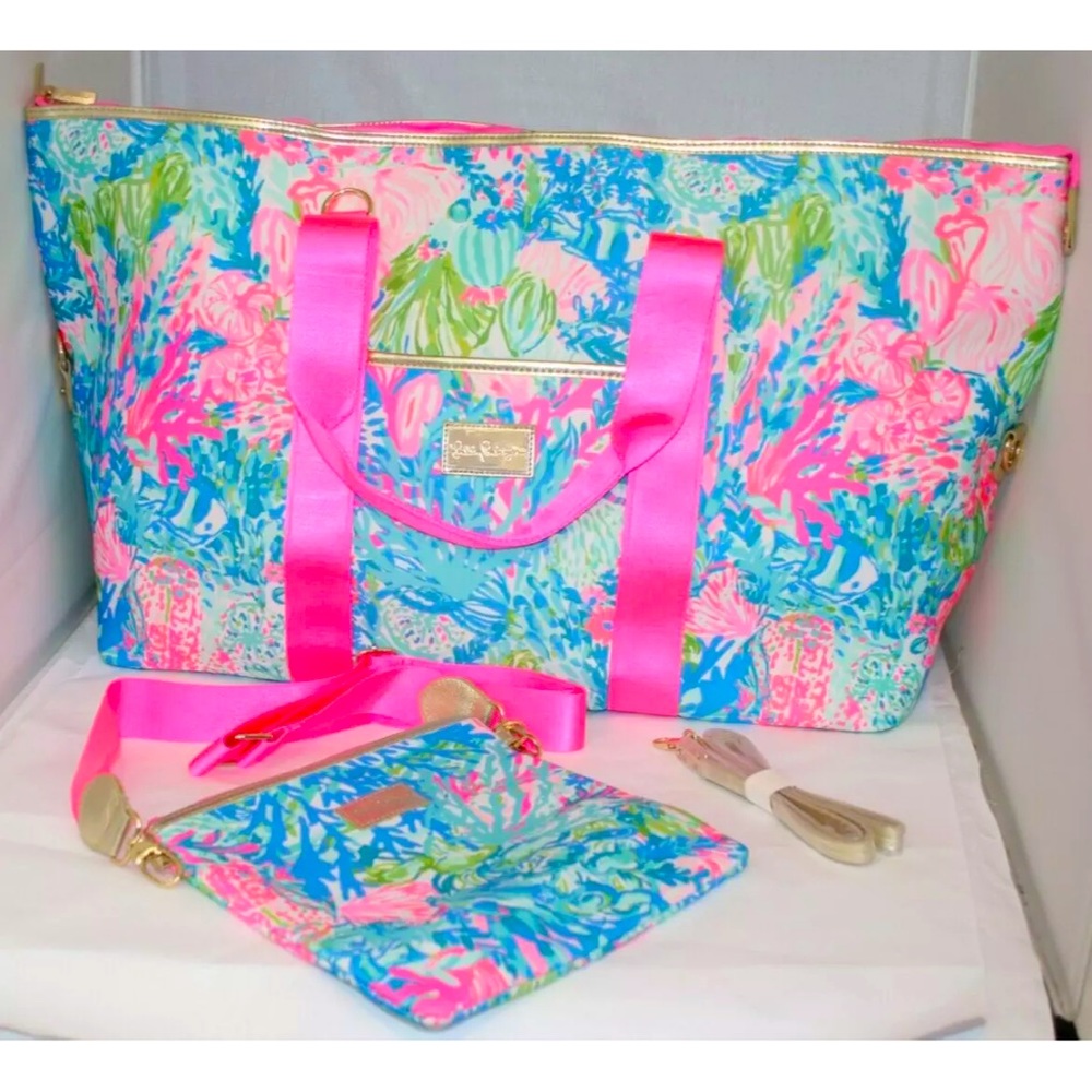 LILLY PULITZER XL Duffle Travel SET with matching Crossbody Bag Fished My Wish 🦄